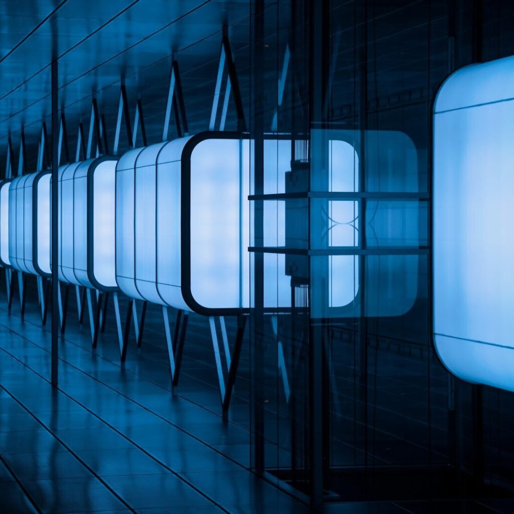 blue and white LED shelves